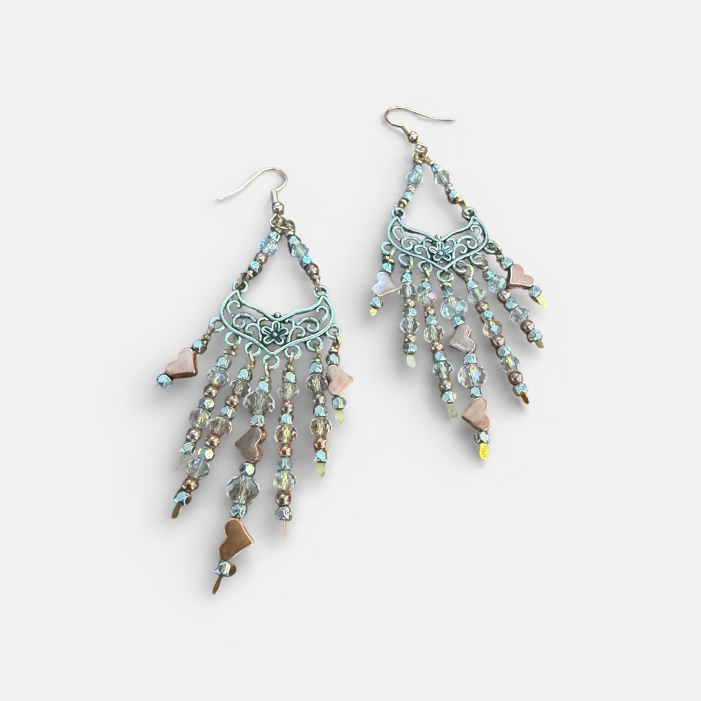 ✨ Handmade One-of-a-Kind Mixed Metal Chandelier Earrings Crystal & Beaded Wire ✨ - Picture 6 of 7